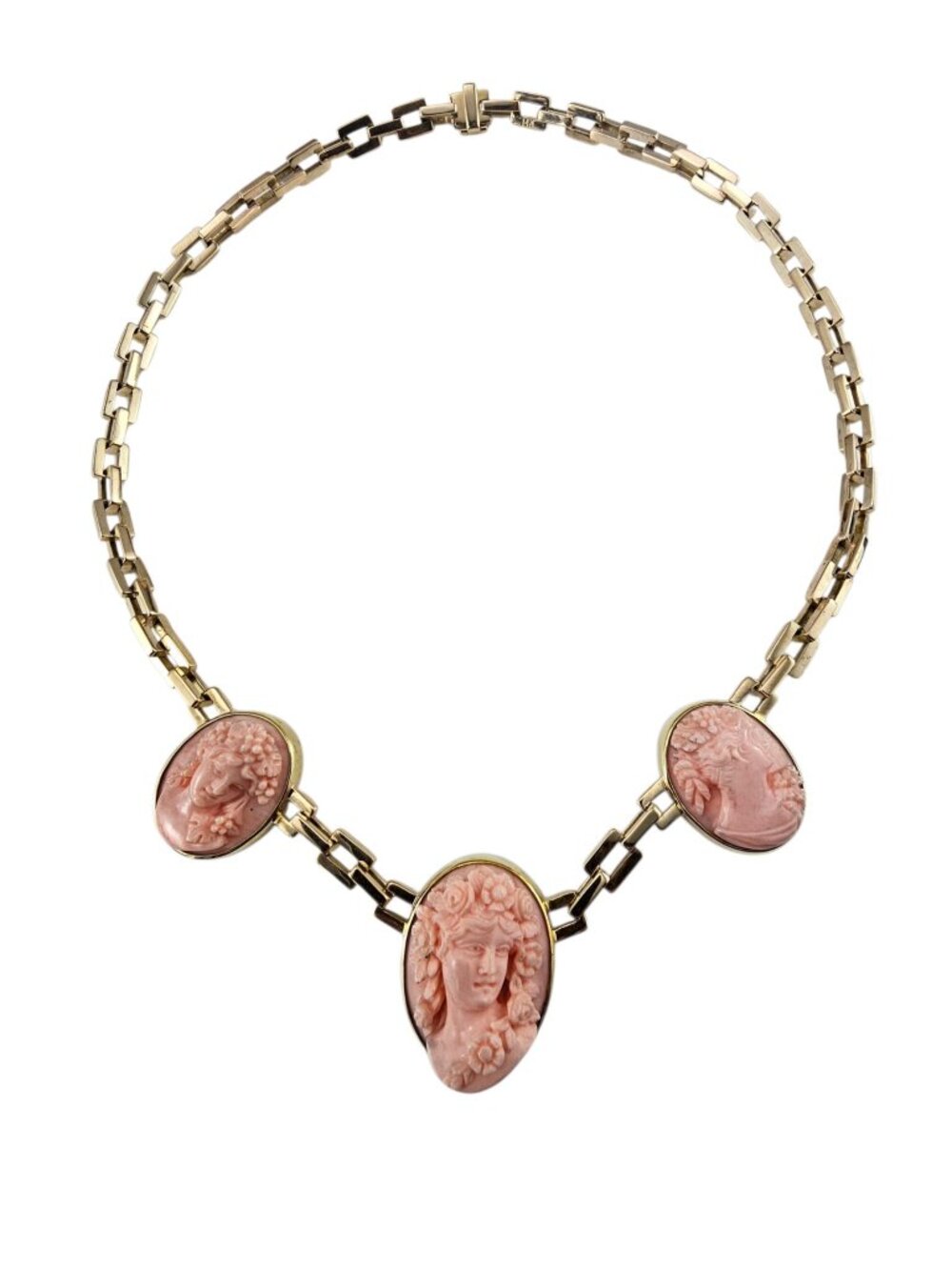 14K Yellow Gold Carved Coral Cameo Necklace Certified #26050